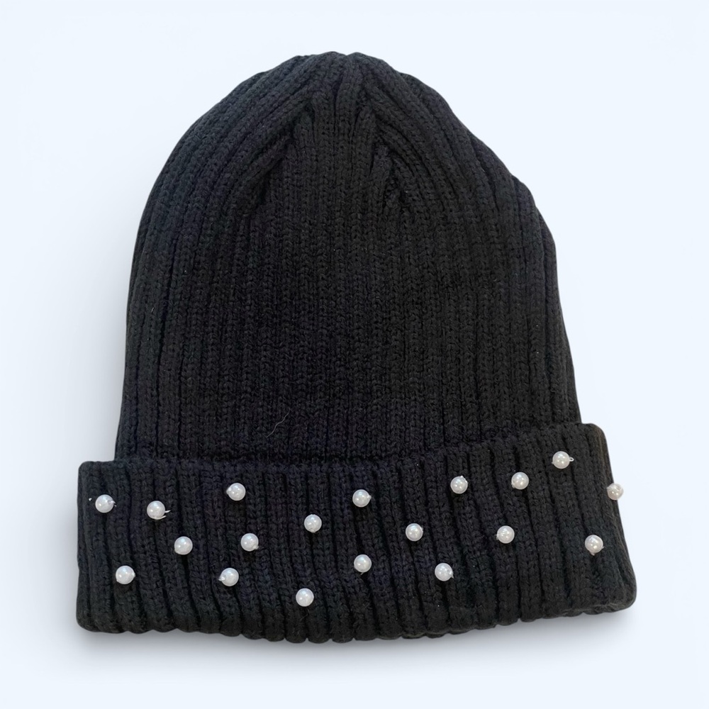 Black Knit Beanie with Pearls